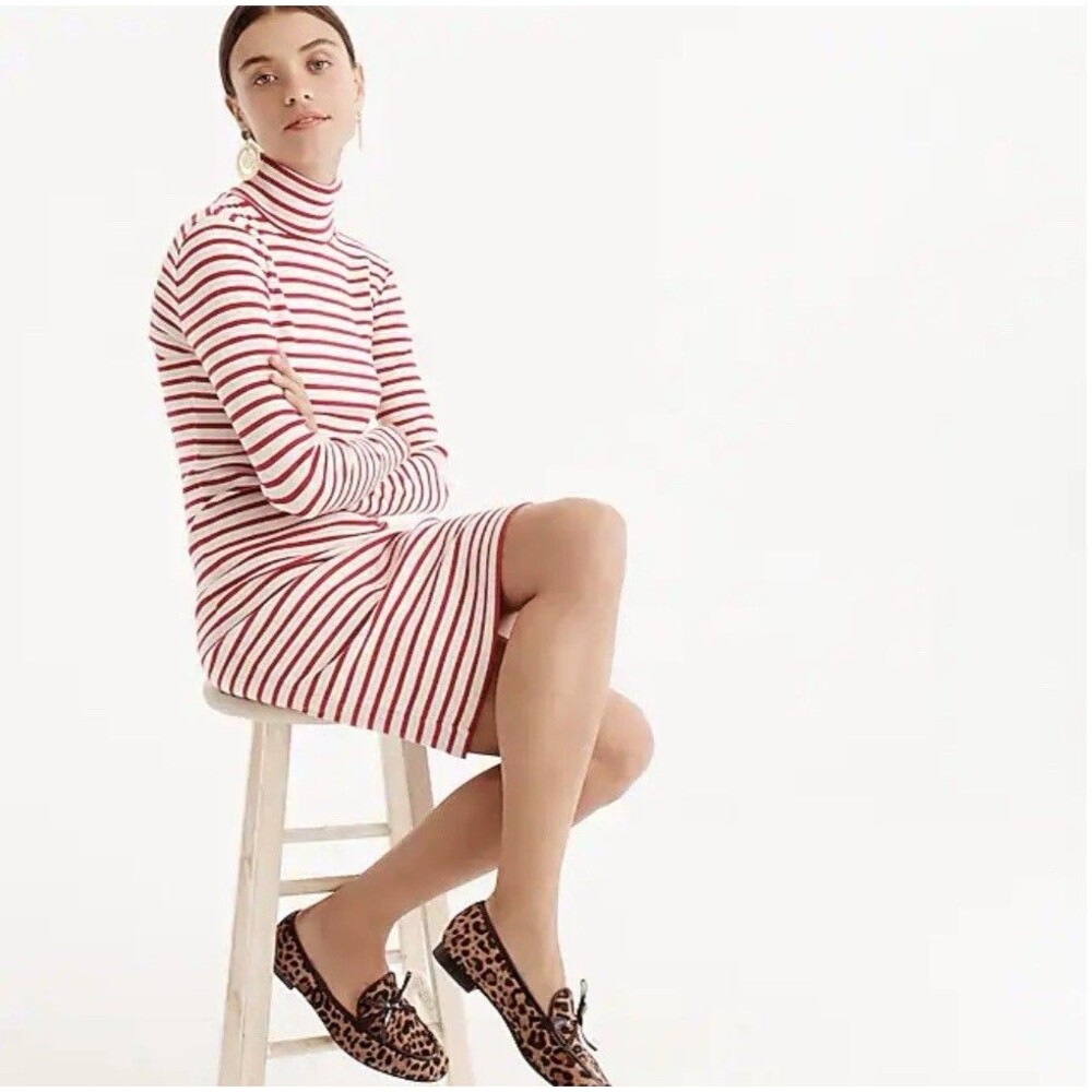 J. Crew Red Cream Striped Cotton Turtleneck Long Sleeve Sweater Dress M